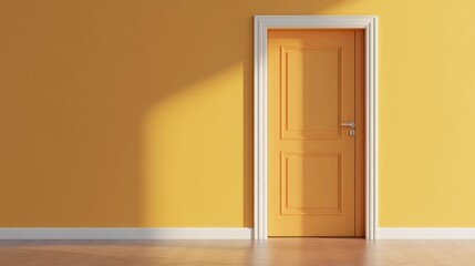 Fototapeta premium Bright Yellow Wall with Door Sunlight Casting Shadow Minimalist Design