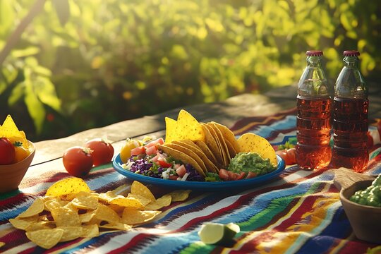 A taco platter on a colorful picnic blanket, surrounded by chips, guacamole, and soda bottles, with a sunlit park and tall trees framing the cheerful outdoor vibe