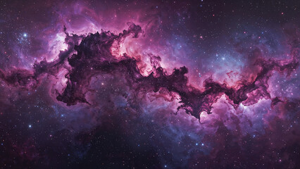 A vibrant nebula sprawls across space, glowing in magenta, lavender, and blue. Twinkling stars dot its swirling, feathery tendrils above a curved horizon, inspiring cosmic wonder and majesty.