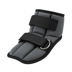 Brand-new dark grey neoprene ankle weight with a robust velcro strap and silver d-ring, displayed on a pristine transparent background with shadowless studio lighting. Concept of fitness equipment