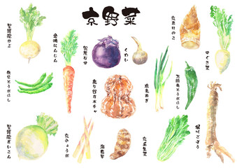 京野菜の水彩イラストセット – 日本の伝統野菜