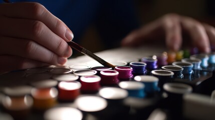 Fototapeta premium A hand holds a paintbrush over a palette of colorful pigments.