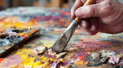 Obraz premium Hand holding paintbrush over a palette of mixed oil paints.