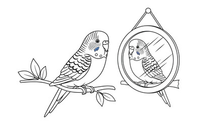 Contemplative Budgerigar: An artistic illustration of a budgerigar gazing at its reflection, evoking a sense of introspection and self-awareness.