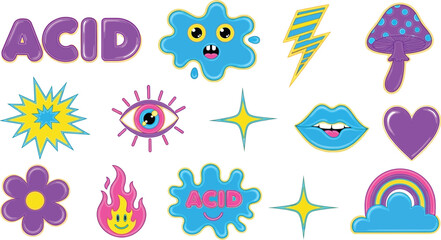 Obraz premium Acid trip psychedelic art groovy stickers colorful illustrations retro design funky graphics vibrant elements
