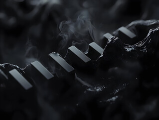 Abstract piano keys emerging from a dark, smoky landscape.  Detailed close-up view of the keys and textured, rocky surface