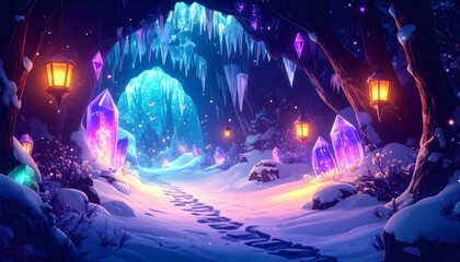 Obraz premium Magical Winter Cave with Glowing Crystals and Lanterns