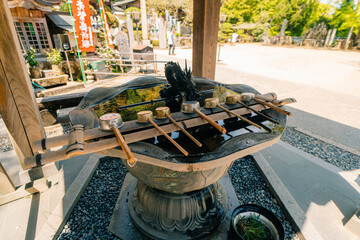 shikoku, JAPAN - may 2 2025 Okubo Temple No.88. Ladles in the temple for cleaning hands