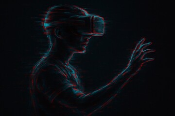 Man is using virtual reality headset. Image with glitch effect