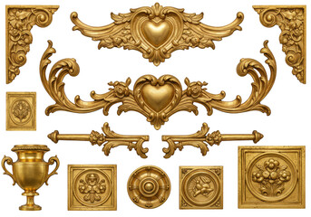 A collection of ornate gold decorative elements and architectural details isolated on transparent background