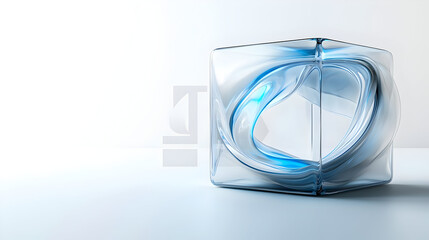 Abstract, translucent blue cube, sculpted curves, interior glow.  Light, smooth, modern, geometric design,  clear background