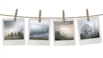 Four vintage photos, misty landscapes, hanging on clothesline