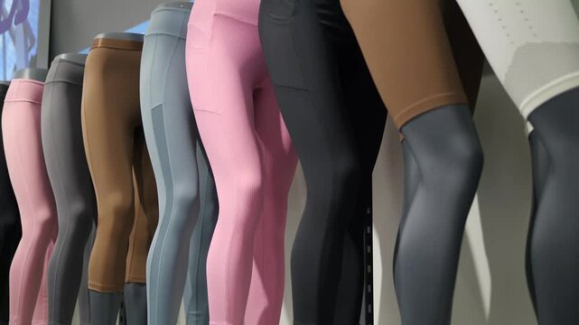 Sports women's leggings of different colors on mannequins standing in a row. Women's clothing for sports. Women's sports.