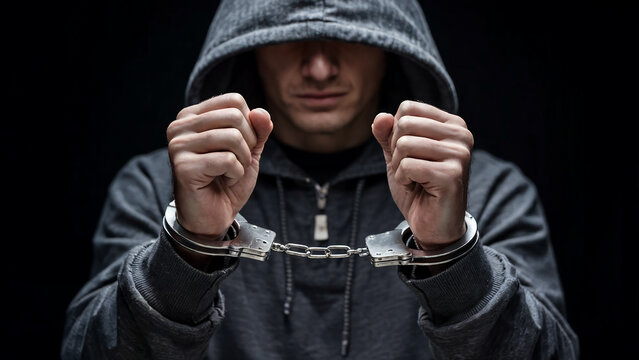 Arrested criminal man in hoodie with handcuffs on dark background.