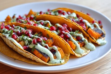 A white ceramic plate showcasing butternut squash tacos, each topped with vibrant pomegranate seeds and a silky drizzle of lime crema, set on a light wooden table with soft natural lighting and a fres
