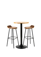 Modern high table with two plush bar stools and drinks on png background