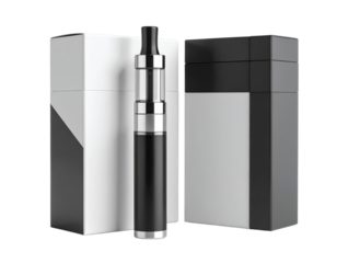 Front View of Sleek Modern Vape Pen Next to Minimalist Black and White Packaging, Isolated on Transparent Background PNG