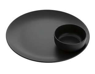 Modern black ceramic plate with dipping bowl isolated on transparent background