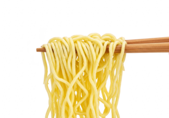 Closeup of delicious ramen noodles being lifted with wooden chopsticks, isolated on a transparent background