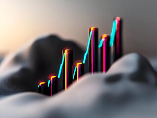 Rising graph chart nestled in textured landscape.  Colorful, vibrant lines highlight upward trends amidst soft, undulating forms