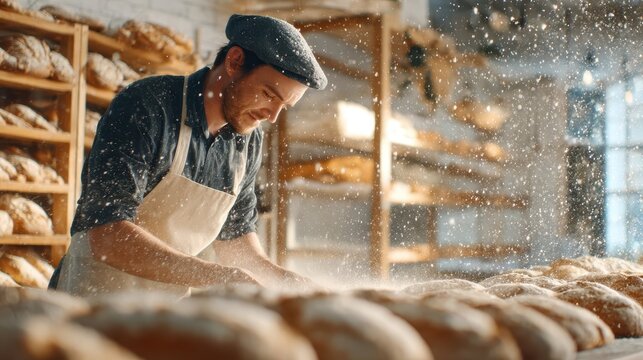 A baker works diligently in a bustling bakery. - Powered by Adobe