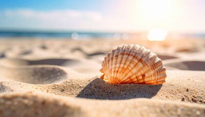Obraz premium Seashell on the Beach Sand A Sunny Coastal Scene with Ocean View, Calm Vacation Memories, and Peaceful Summer Mood