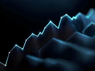 Abstract data visualization, showing a fluctuating upward trend.  Complex, dark textured surface with glowing, light blue lines representing data points