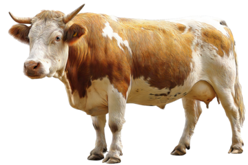 High‑resolution cow PNG cutout with realistic hide texture and natural shadows on transparent background for seamless farm animal branding, dairy product packaging, e‑commerce mockups, and rural scene