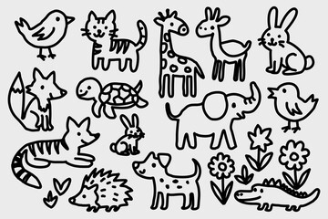 Hand-drawn black and white doodle of cute wild animals for kids, suitable for coloring books, children’s illustrations, and educational materials.