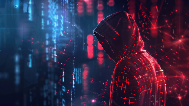 Cybercrime concept. Hacker in hoodie interacts with glowing digital interface, data breach, cyber attack
