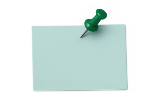 Green push pin fastening light blue note paper, minimal design against transparent backdrop