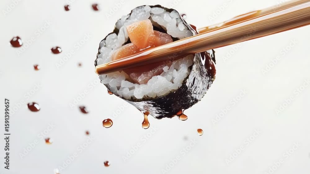 Poster a piece of sushi with sauce on it is being held by a chopstick. the sauce is dripping down the sushi