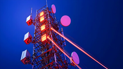 Tower with communication antennae at night, emitting red laser beams