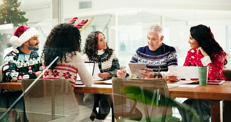 Christmas, group and business people in office for planning, brainstorming or finance report....