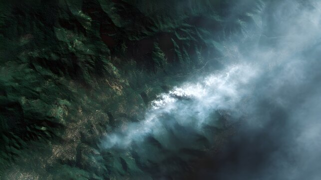 Aerial view of dense forest with deforestation and haze