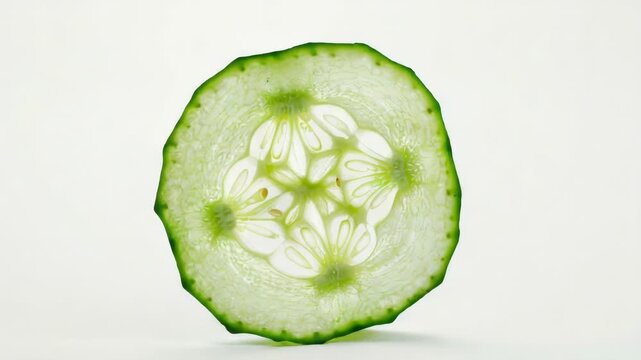 A fresh cucumber sliced in two parts on a plain white background