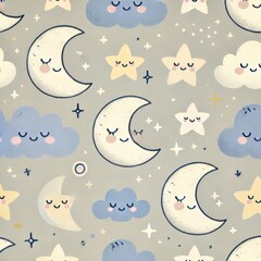 Cartoon moons, stars and clouds with sleeping faces on grey background. Seamless flat illustration pattern with celestial bedtime elements in pastel colors.
