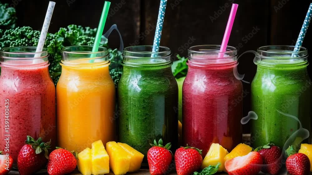 Poster a row of colorful smoothies with straws in them. the smoothies are in different colors and are arran