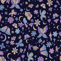 This enchanting pattern features a whimsical nighttime scene where moths and butterflies flutter among dreamy florals and crescent moons. 