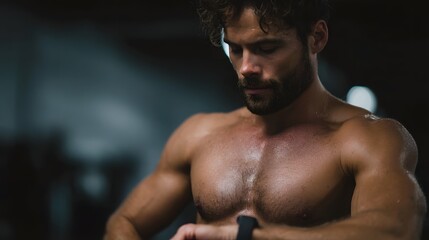 Muscular man checking heart rate on smartwatch after intense cardio workout in the gym
