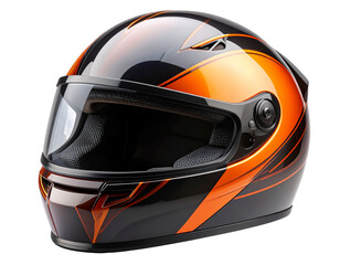 Fototapeta premium Front View of Sleek Racing Helmet with Bold Orange and Black Pattern, Isolated on Transparent Background PNG