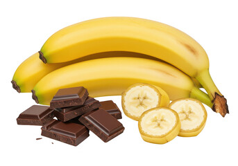 Sliced bananas and pieces of dark chocolate arranged together, isolated on a transparent background
