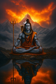 Lord Shiva Meditating in the Himalayas &ndash; Spiritual Divine Artwork.
 Lord Shiva meditating peacefully in the Himalayas. Adorned with his iconic crescent moon, snake, and trident, 
