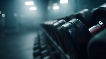 Fototapeta premium Rows of dumbbells in a clean modern gym setting