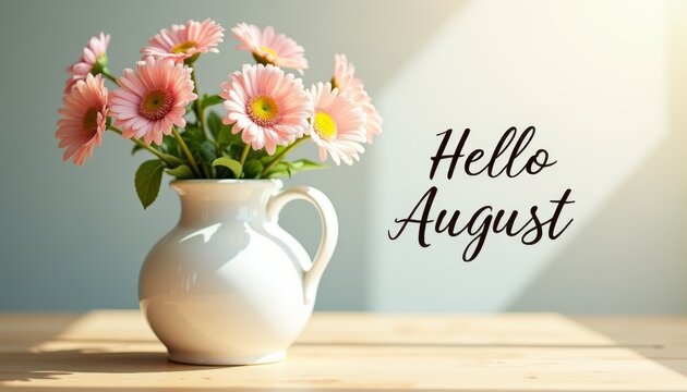White ceramic vase with pink gerbera daisies on wooden table in soft morning light. Inscription Hello August. Seasonal greetings, decor, and social media.
