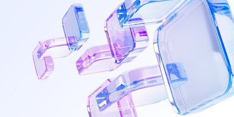 3d pastel light background with abstract glass block pattern. Crystal glossy square or rectangle shapes with pink blue hologram gradient, motion effect. Futuristic digital tech banner. 3D illustration