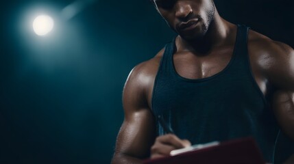 Determined fitness trainer reviewing progress with clipboard