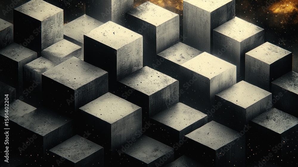 Poster abstract geometric arrangement of concrete blocks with cosmic background, symbolizing structure and 
