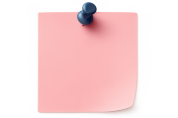 Pink sticky note paper pinned with blue pushpin against transparent background, highlighting minimalist design for quick messaging and memory aid