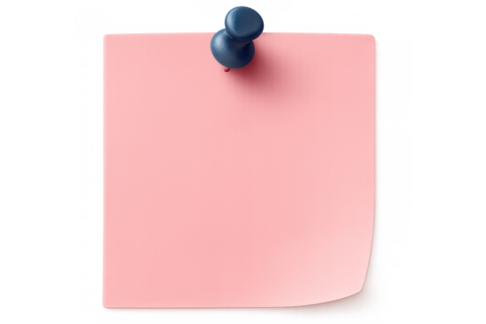 Pink sticky note paper pinned with blue pushpin against transparent background, highlighting minimalist design for quick messaging and memory aid